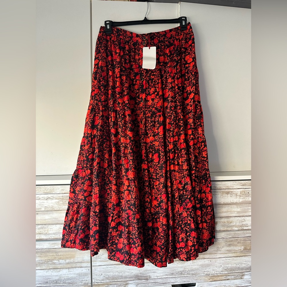 🌹 Joe Browns Red Black Floral Midi Skirt US 10 UK 14 Boho Cottagecore NWT